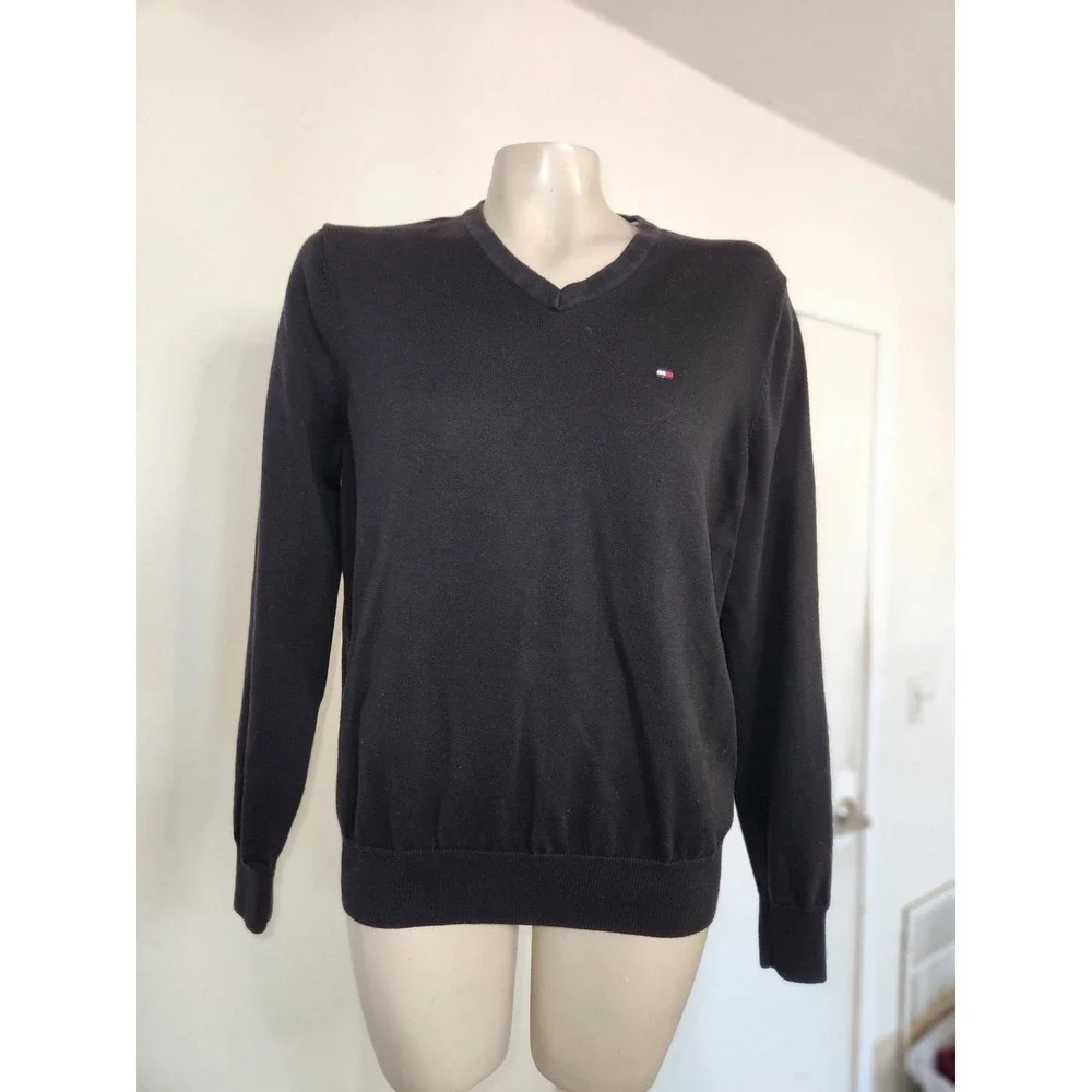 Tommy Hilfiger Mens Black Premium Cotton V-Neck Sweater M Flag‎ Logo Pullover